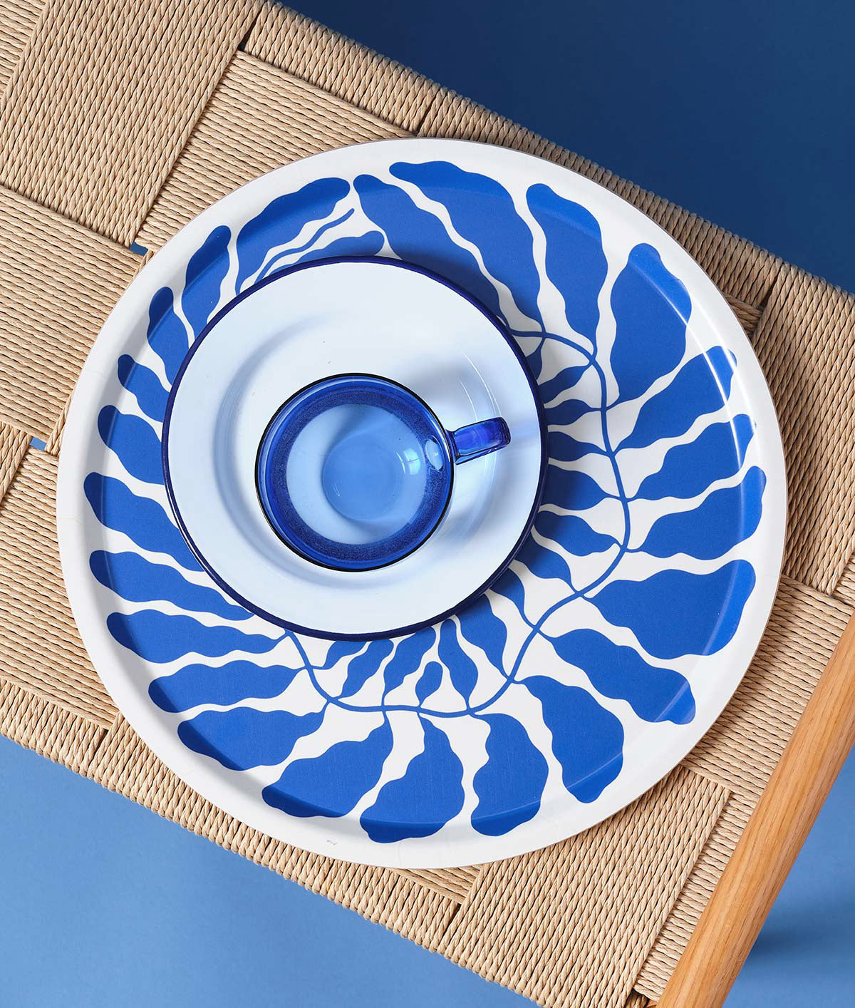 Blue Leaves Large Round Birch Serving Tray
