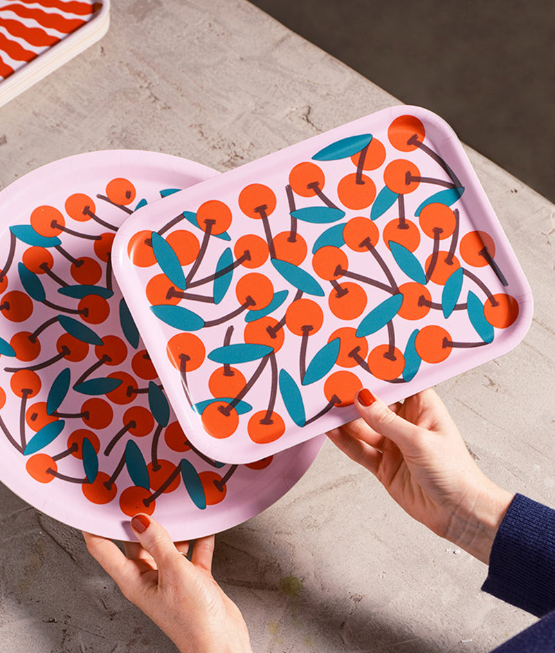 Cherries Pink Mini Rectangle Birch Serving Tray