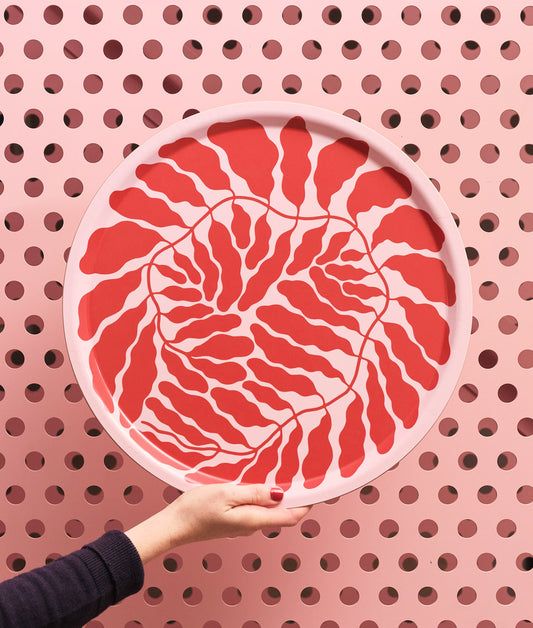 Leaves Red Round Birch Serving Tray