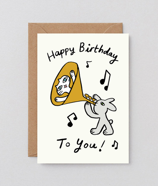 Happy Birthday Cat Trumpet Embossed Greetings Card