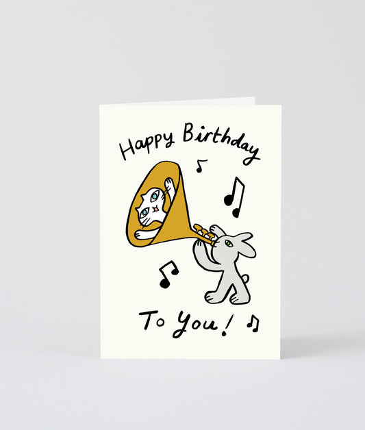 Happy Birthday Cat Trumpet Embossed Greetings Card