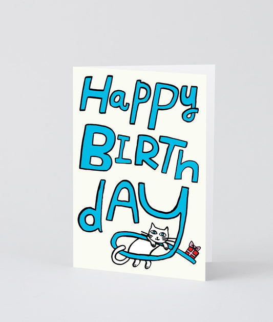 Happy Birthday Cat & Present Embossed Greetings Card