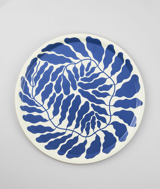 Blue Leaves Large Round Birch Serving Tray