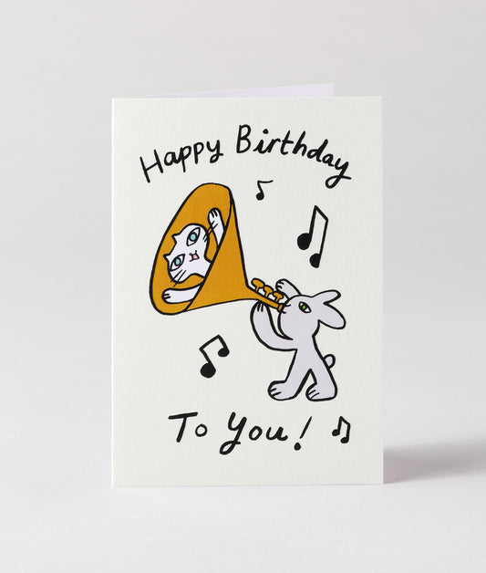 Happy Birthday Cat Trumpet Embossed Greetings Card