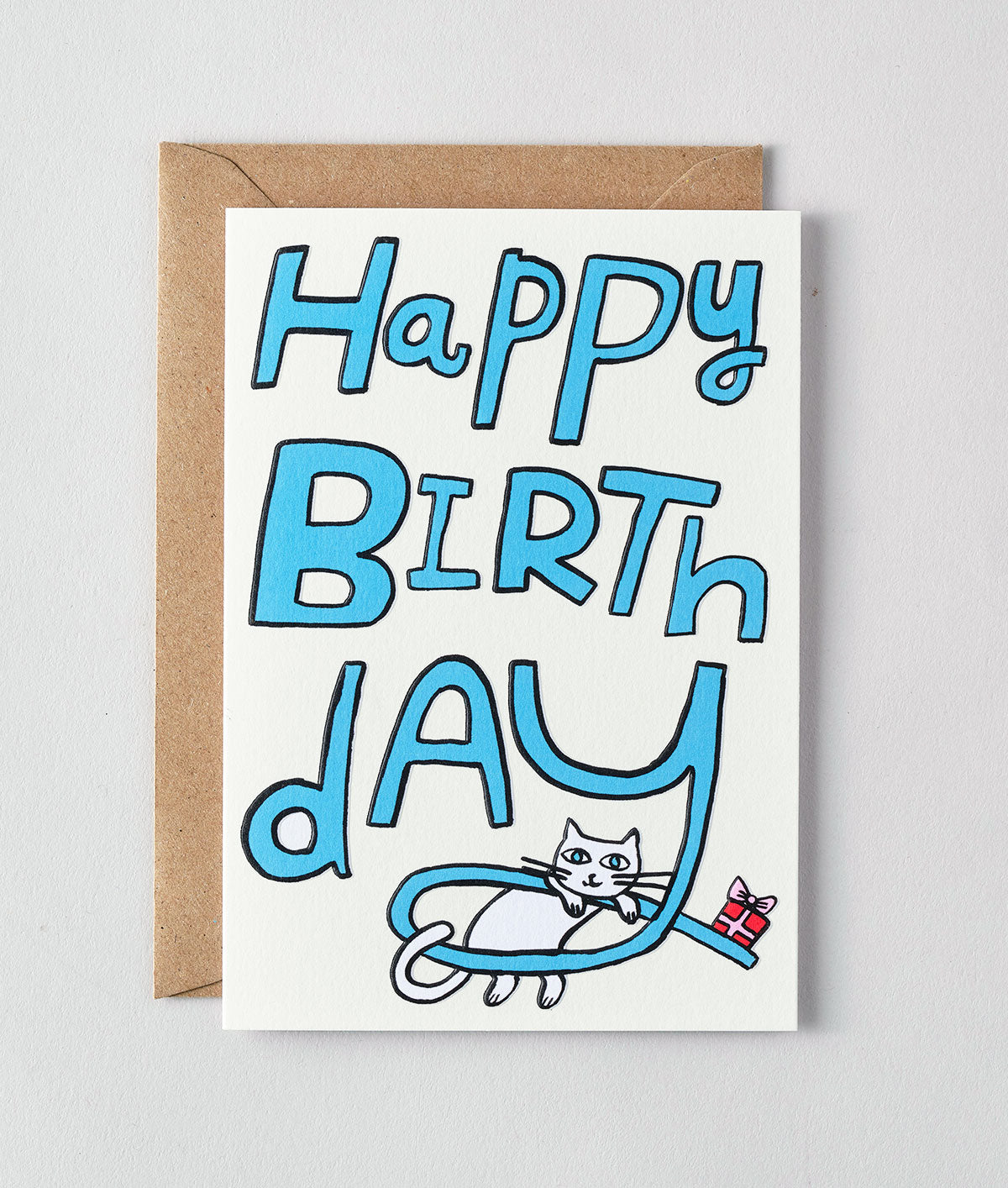 Happy Birthday Cat & Present Embossed Greetings Card