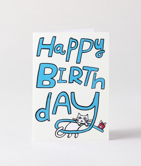 Happy Birthday Cat & Present Embossed Greetings Card