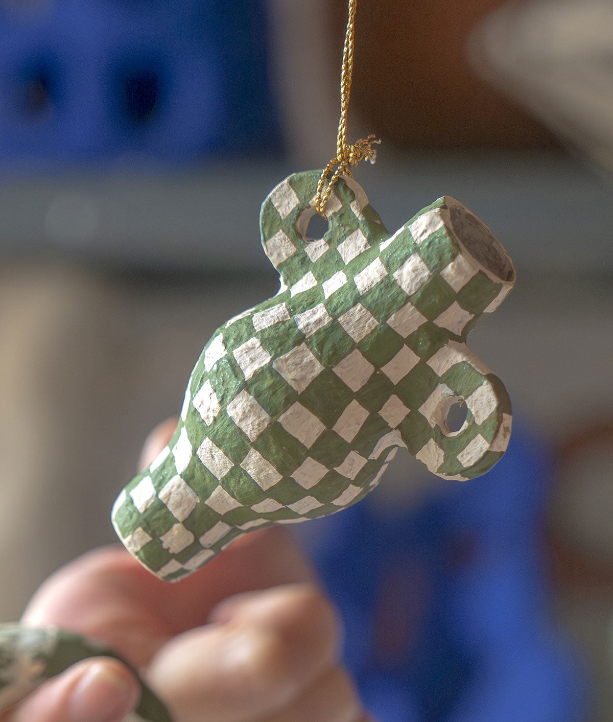 Onsen Check Moss Green Miniature Vase Ornament