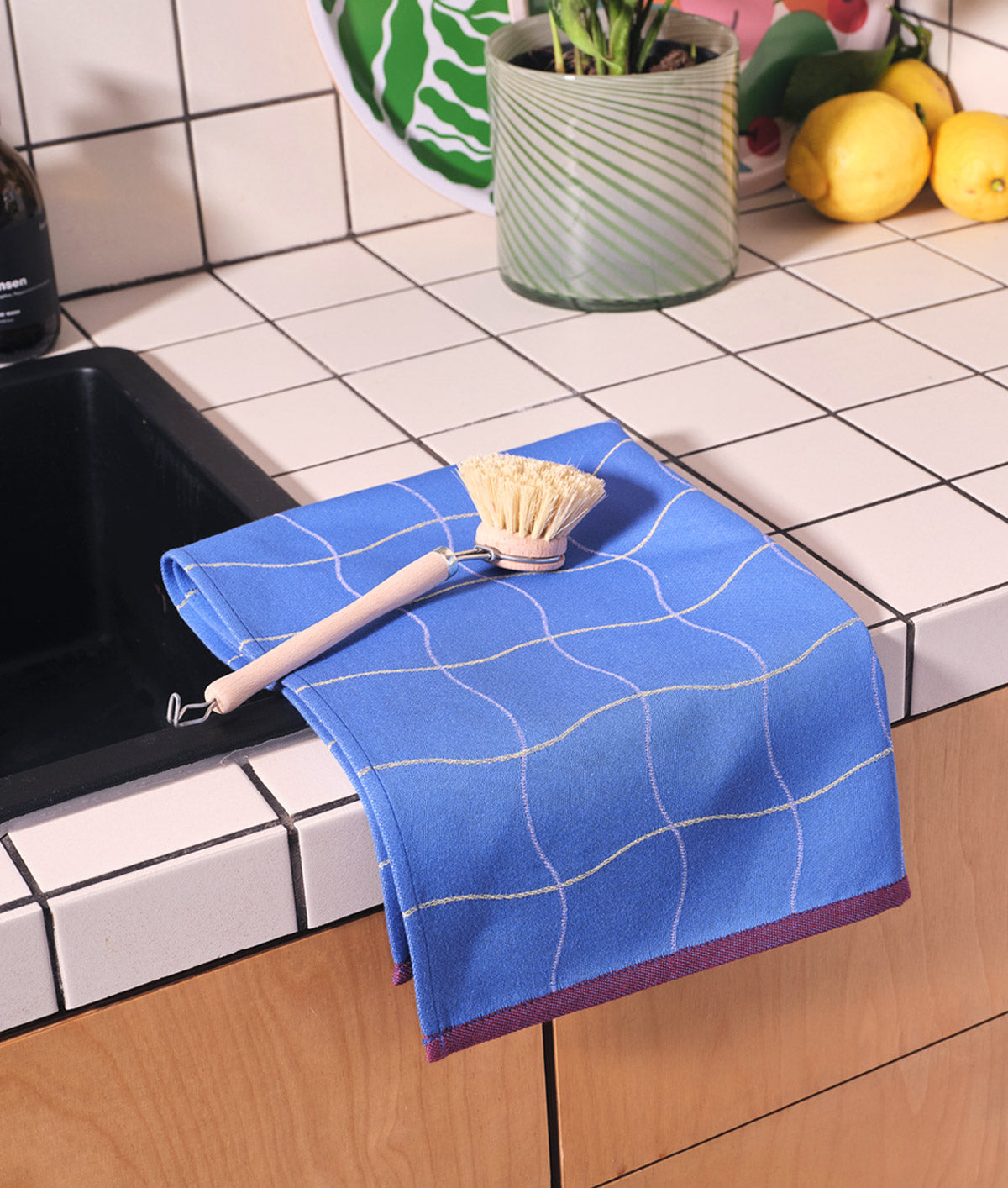 Wave Grid Blue Cotton Tea Towel