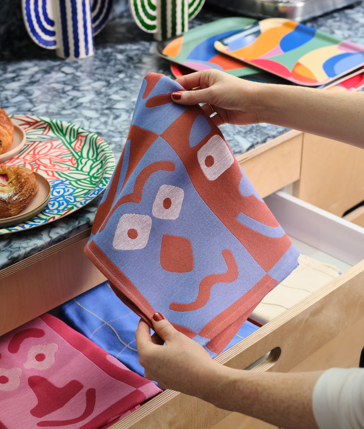 Faces Blue / Brown Cotton Tea Towel