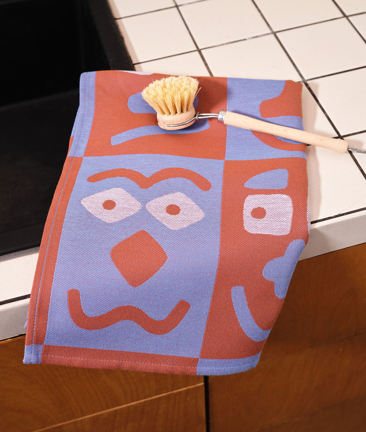 Faces Blue / Brown Cotton Tea Towel