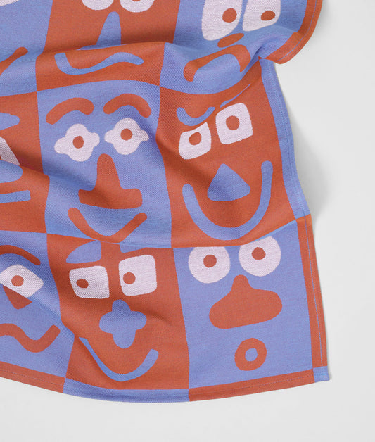 Faces Blue / Brown Cotton Tea Towel