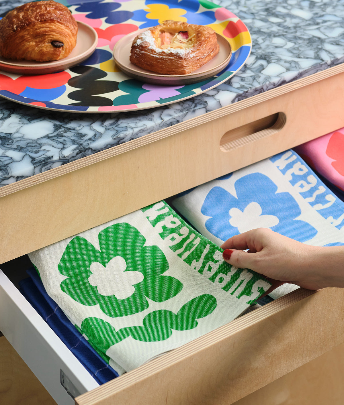 Flowers and Squiggles Green / Natural Cotton Tea Towel