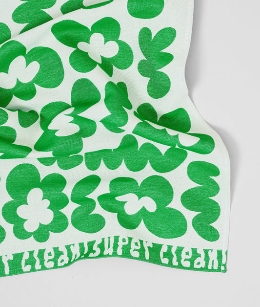 Flowers and Squiggles Green / Natural Cotton Tea Towel