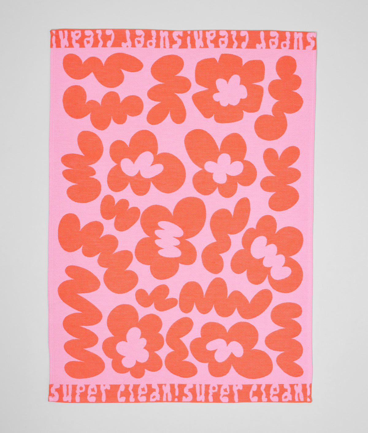 Flowers and Squiggles Pink / Warm Red Cotton Tea Towel