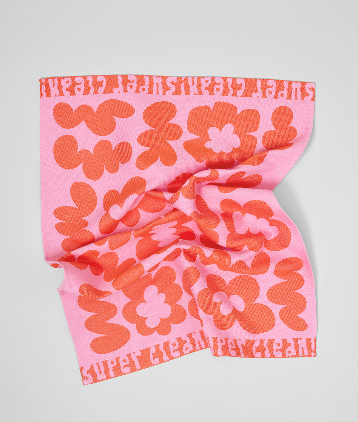Flowers and Squiggles Pink / Warm Red Cotton Tea Towel