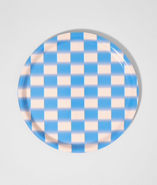 Blue Blur Check Mini Round Birch Serving Tray