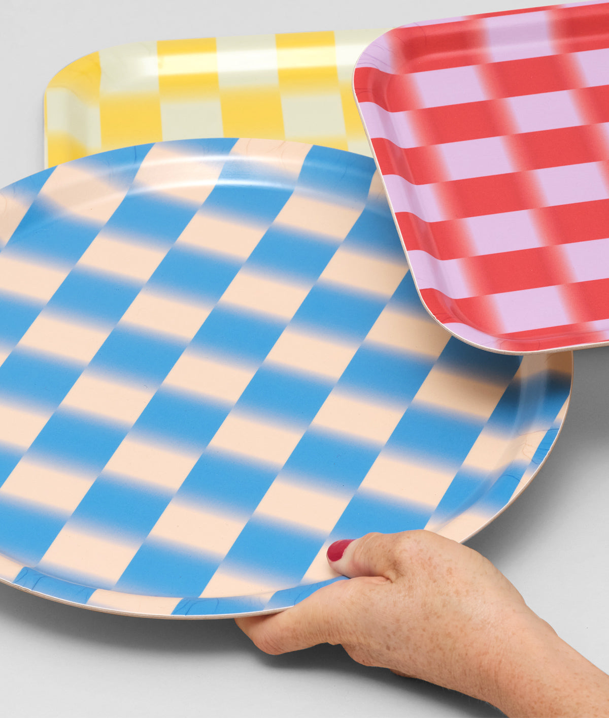 Blue Blur Check Mini Round Birch Serving Tray