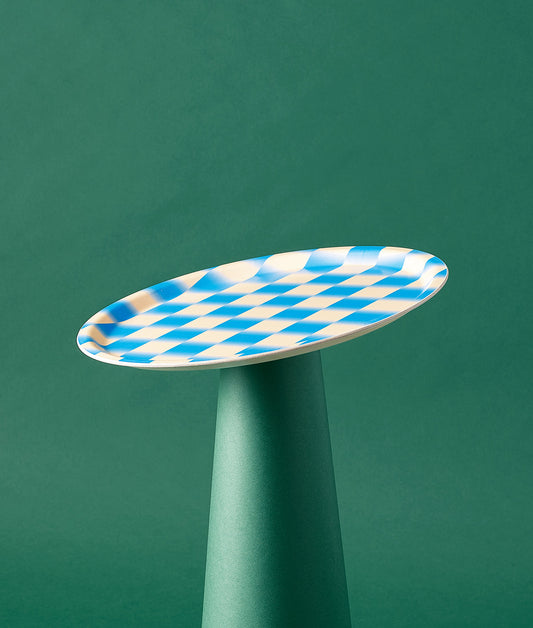Blue Gradient Check Mini Round Birch Serving Tray