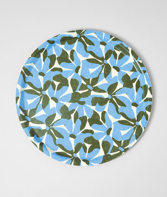 Blue Flowers / Natural Round Birch Serving Tray