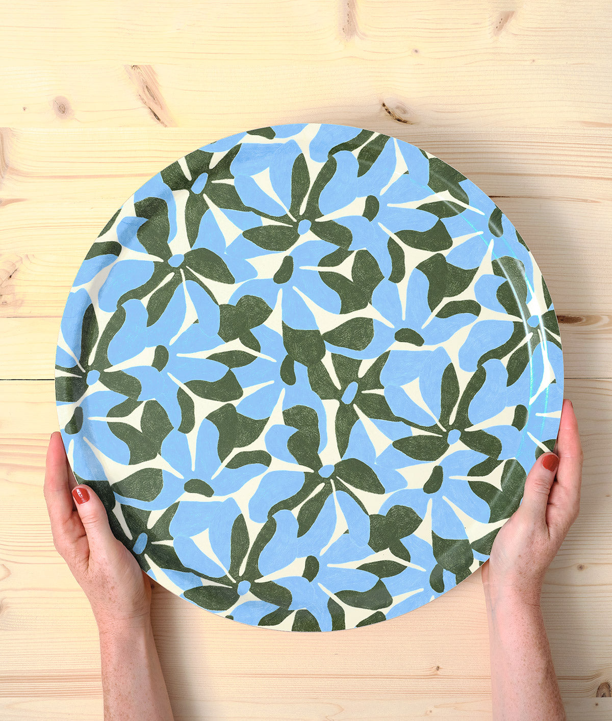 Blue Flowers / Natural Round Birch Serving Tray