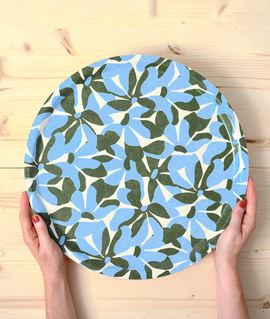 Blue Flowers / Natural Round Birch Serving Tray