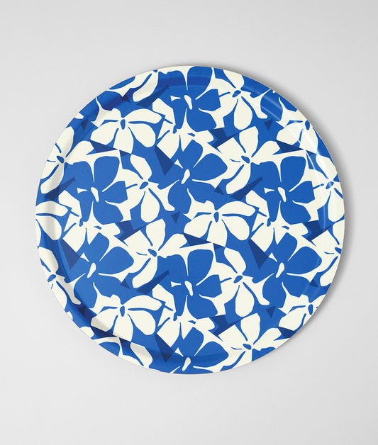 Blue Flowers Round Birch Serving Tray
