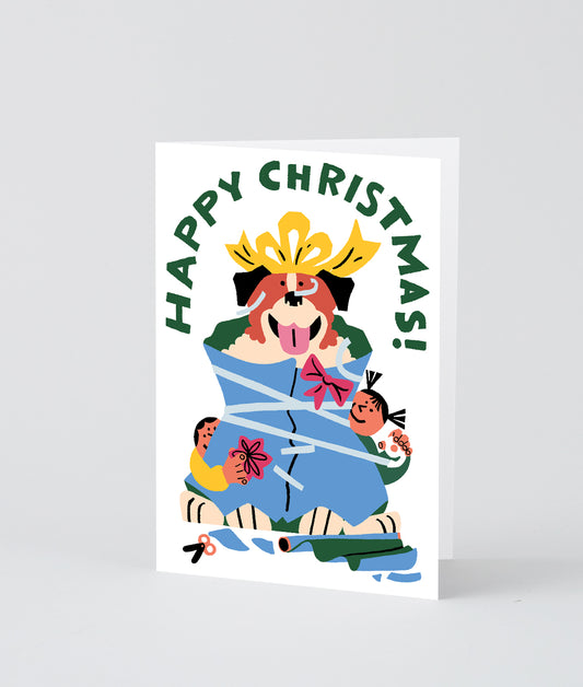 Wrapped Dog Embossed Christmas Card