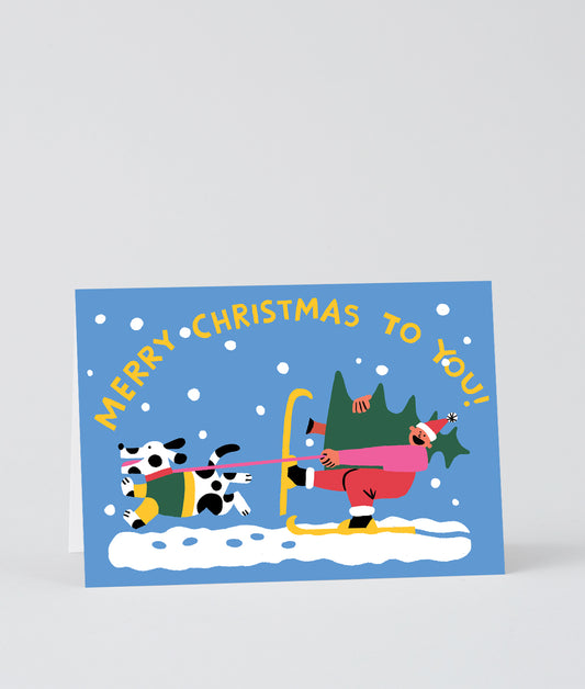 Merry Christmas Skiing Embossed Christmas Card