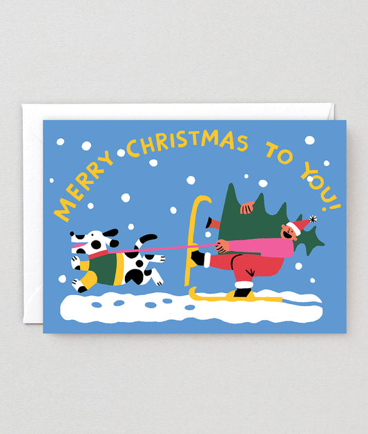 Merry Christmas Skiing Embossed Christmas Card